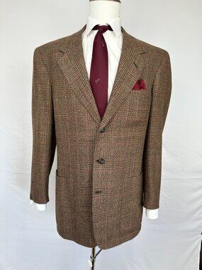 Oxxford Clothes "The Cambridge" 43T Sport Coat Brown Wool Tweed Glen Check, 3 Bu